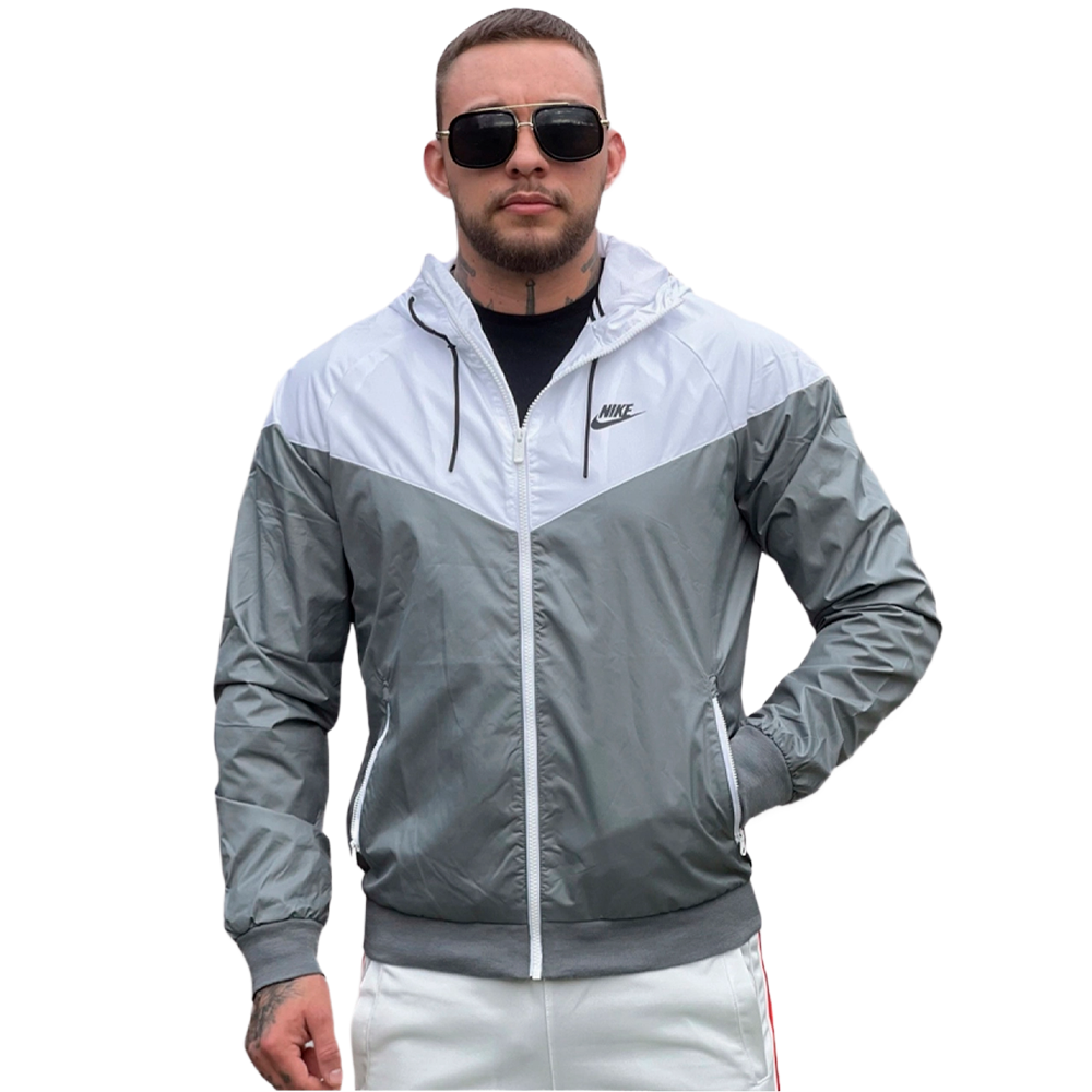 grey and white windbreaker nike